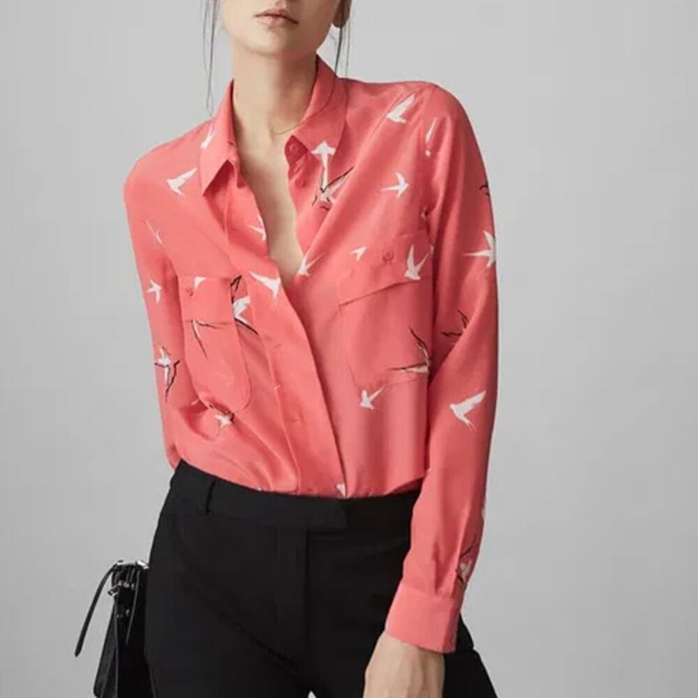 Reiss Angra Bird Print Silk Button Down Shirt In Watermelon Size 4 NWT